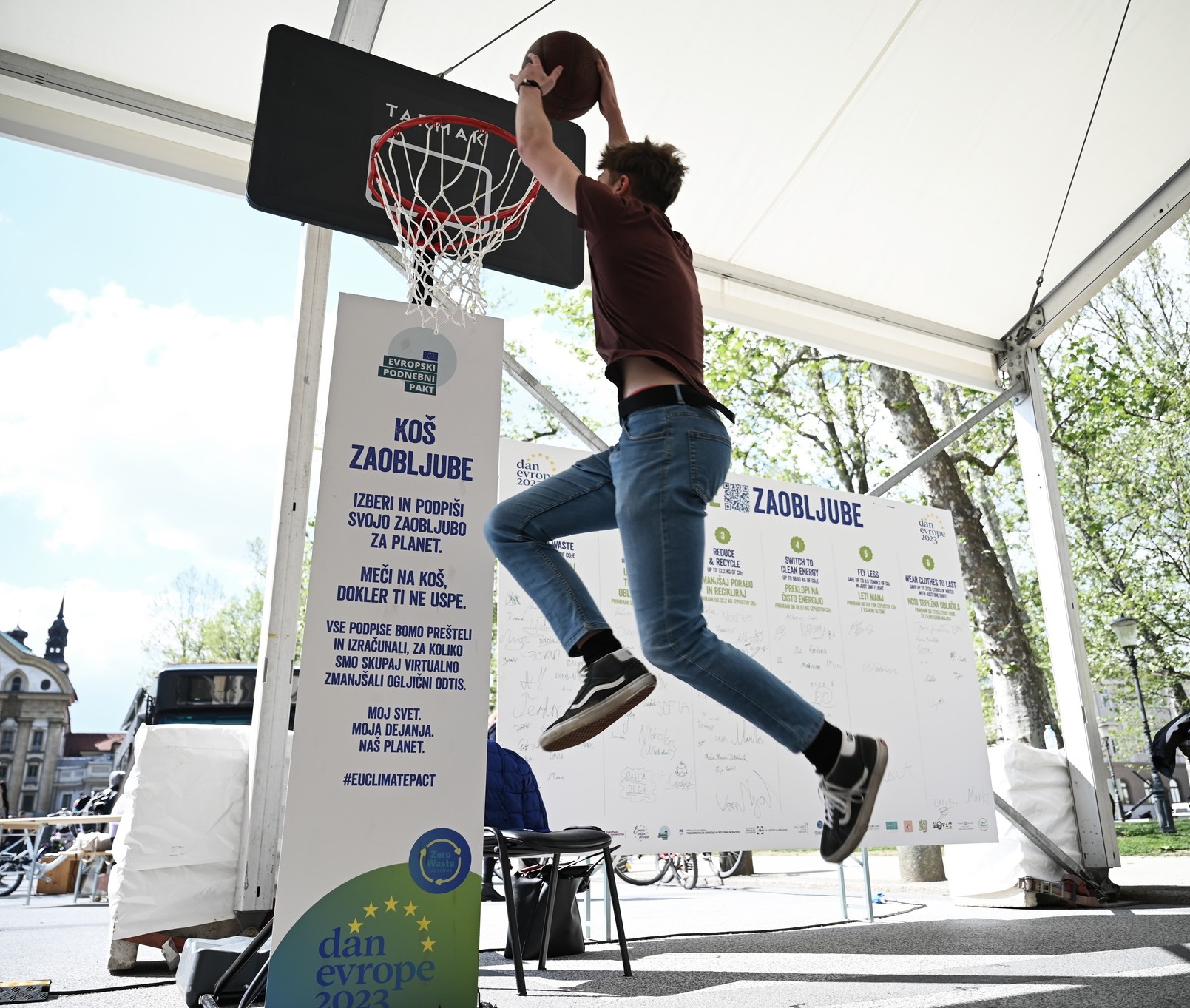 Flying for a basketball slam dunk before taking a climate action pledge at the Europe Day, Slovenia, 10 May, 2024